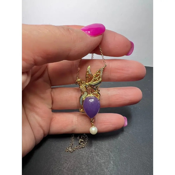 Fairy mermaid jadeite abalone and pearl pendant and chain in gold over sterling - Picture 3 of 11